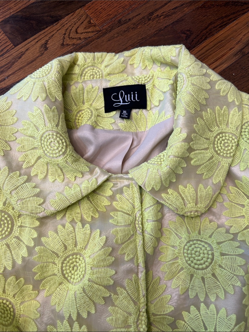 Luii Neon Yellow Floral Brocade Pea Coat - Picture 10 of 16